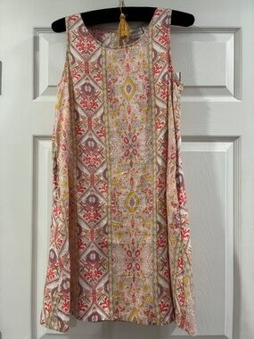 Rachel Zoe Pink Coral Multi-Patterned Sleeveless Dress XS 100% Linen